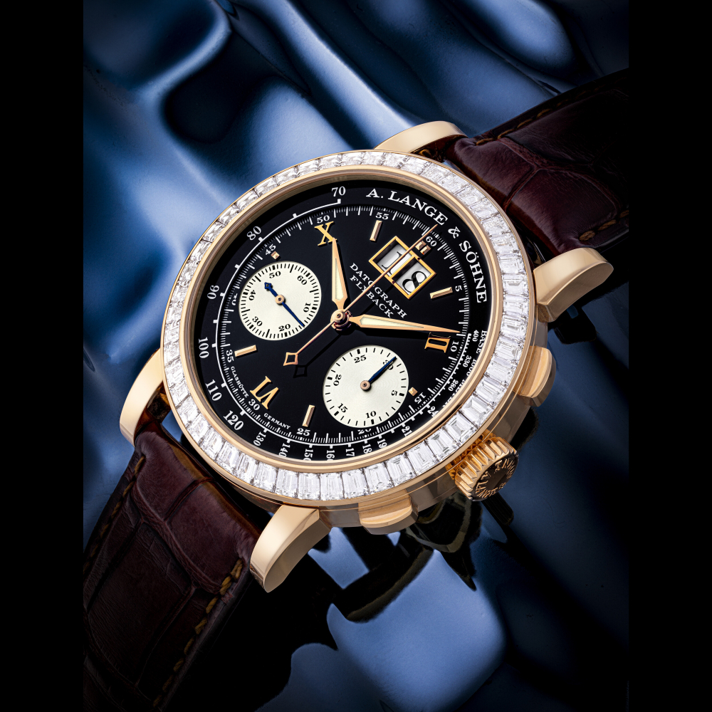 A. LANGE & SÖHNE. AN EXTREMELY RARE 18K PINK GOLD AND BAGUETTE-CUT DIAMOND-SET FLYBACK CHRONOGRAPH WRISTWATCH WITH OVERSIZED DATE