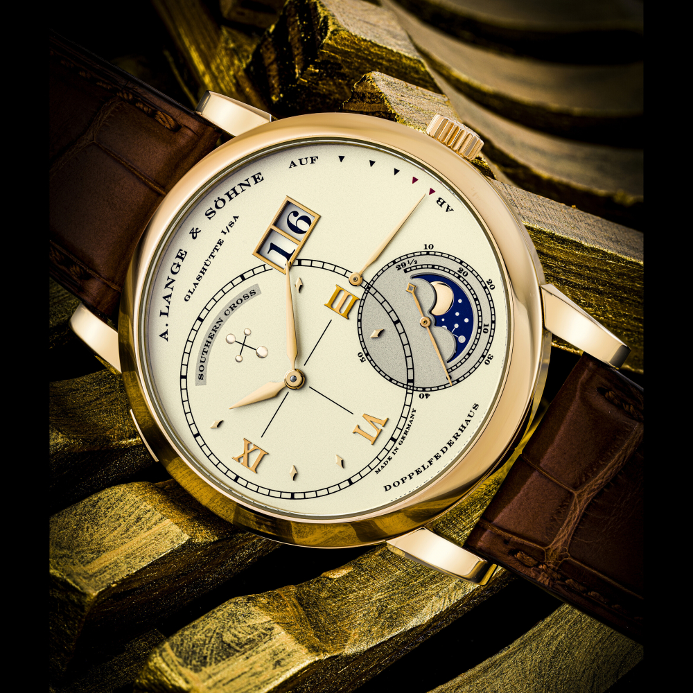 A. LANGE & SÖHNE. A RARE LIMITED EDITION 18K PINK GOLD WRISTWATCH WITH OVERSIZED DATE, POWER RESERVE AND SOUTHERN HEMISPHERES MOON PHASES DISPLAY