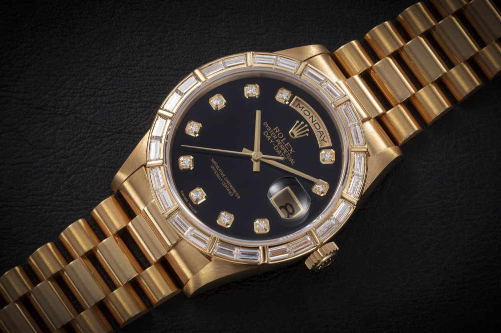 ROLEX, DAY-DATE REF. 18368, A GOLD AND DIAMOND-SET WRISTWATCH WITH ONYX AND DIAMOND-SET DIAL - CASE
