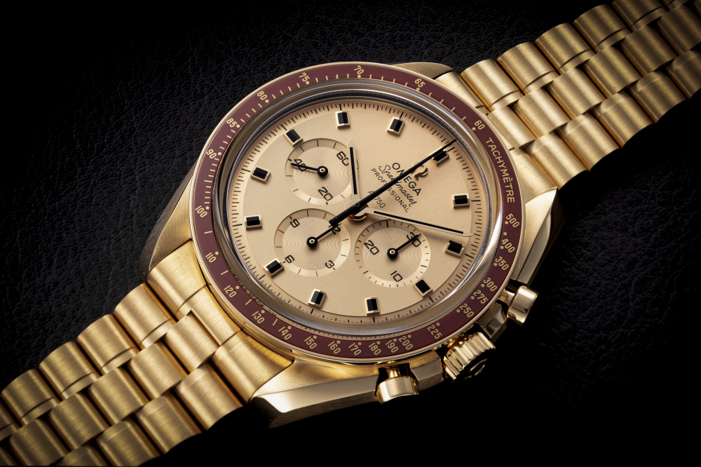 OMEGA, SPEEDMASTER APOLLO 11 50thANNIVERSARY MOONSHINE GOLD LIMITED EDITION, AN UNWORN MANUAL-WINDING CHRONOGRAPH - CASE