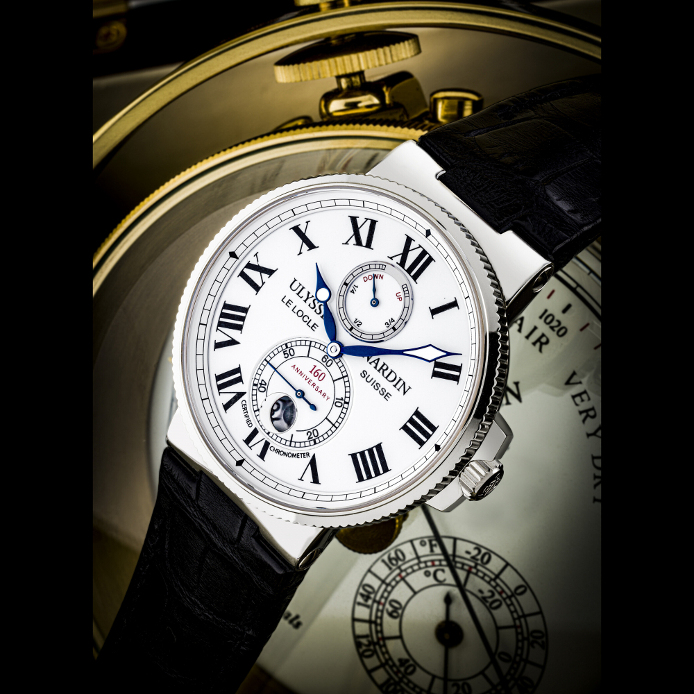 ULYSSE NARDIN. A RARE PLATINUM LIMITED EDITION AUTOMATIC WRISTWATCH WITH DATE, POWER RESERVE AND ENAMEL DIAL, MADE TO CELEBRATE THE 160TH ANNIVERSARY OF ULYSSE NARDIN