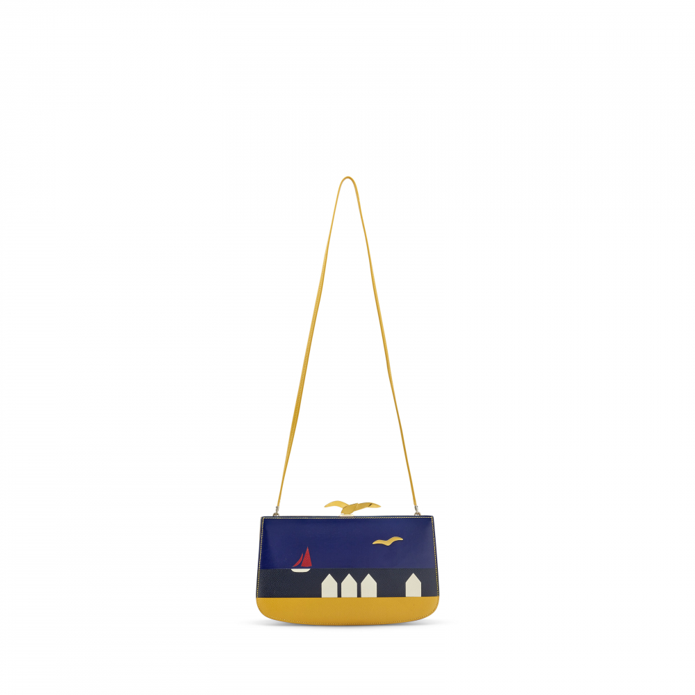 A BLEU SAPHIR CALF BOX LEATHER & BLACK AND JAUNE COURCHEVEL LEATHER DEAUVILLE SAC Á MALICE WITH GOLD HARDWARE - HERMÈS
