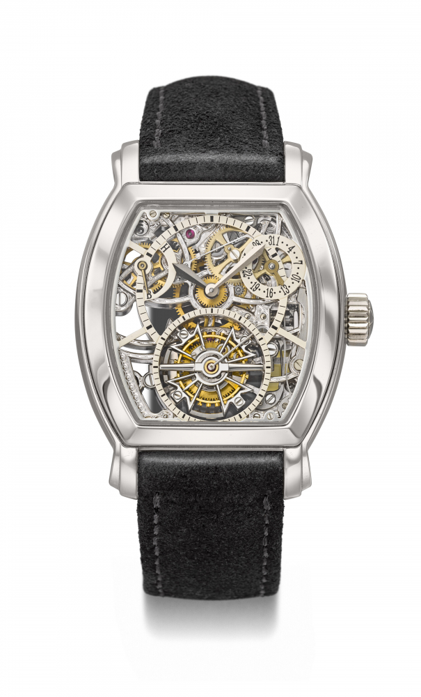 VACHERON CONSTANTIN. AN ATTRACTIVE AND ELEGANT PLATINUM TONNEAU-SHAPED SKELETONIZED TOURBILLON WRISTWATCH WITH POWER RESERVE AND DATE