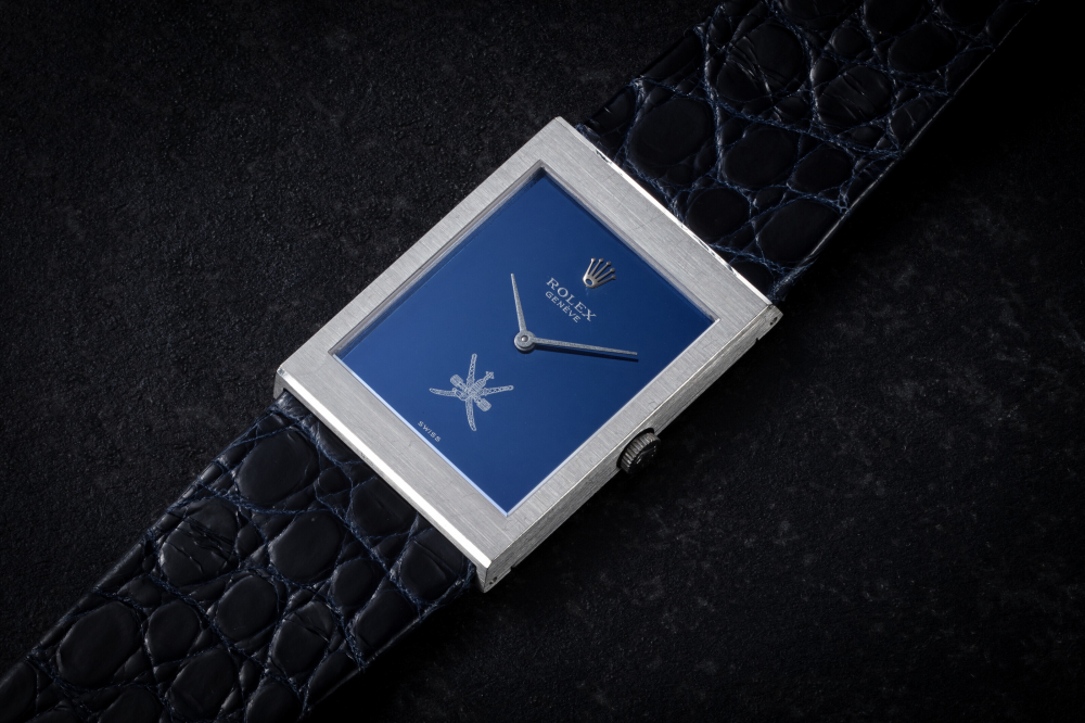 ROLEX, CELLINI REF. 4027 'KHANJAR', A RARE RECTANGULAR WHITE GOLD WRISTWATCH WITH NATIONAL SYMBOL OF OMAN, CASE NUMBER: 3'813'024 | Christie’s