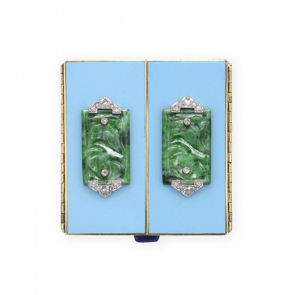 CARTIER ART DÉCO ENAMEL, JADE AND DIAMOND VANITY CASE