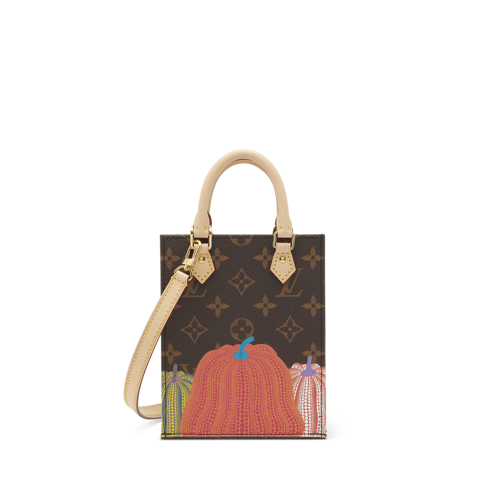 A CLASSIC MONOGRAM CANVAS & NATURAL LEATHER PETIT SAC PLAT PUMPKIN WITH GOLD HARDWARE BY YAYOI KUSAMA