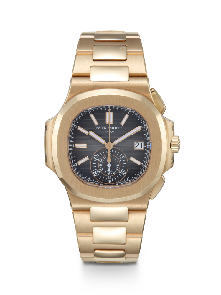 PATEK PHILIPPE, NAUTILUS REF. 5980/1R-001, A FINE GOLD AUTOMATIC FLYBACK CHRONOGRAPH WRISTWATCH WITH BRACELET