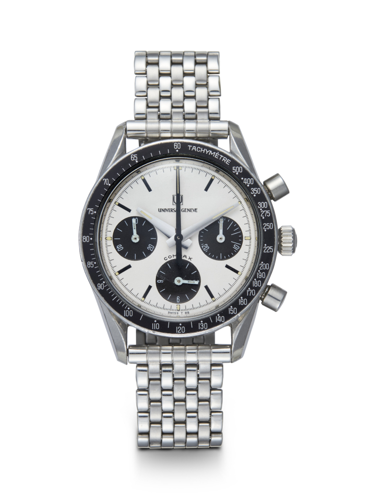 UNIVERSAL GENEVE, COMPAX REF. 885103/02 ‘NINA RINDT’, A RARE AND ATTRACTIVE STAINLESS STEEL CHRONOGRAPH WRISTWATCH