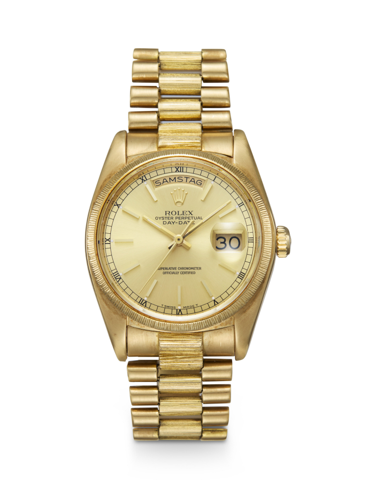 ROLEX, DAY-DATE REF. 18078, A GOLD AUTOMATIC WRISTWATCH WITH BARK-FINISH BEZEL AND BRACELET LINKS