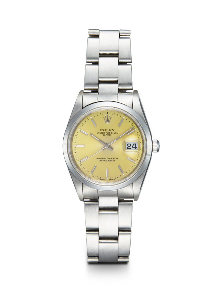 ROLEX, OYSTER PERPETUAL DATE REF. 15200, AN ATTRACTIVE STAINLESS STEEL AUTOMATIC WRISTWATCH WITH ‘LEMON’ DIAL