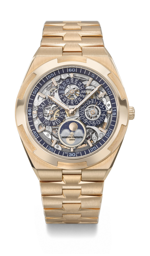VACHERON CONSTANTIN. A RARE AND HIGHLY ATTRACTIVE 18K PINK GOLD AUTOMATIC SKELETONIZED PERPETUAL CALENDAR WRISTWATCH WITH MOON PHASES, LEAP YEAR INDICATION AND BRACELET