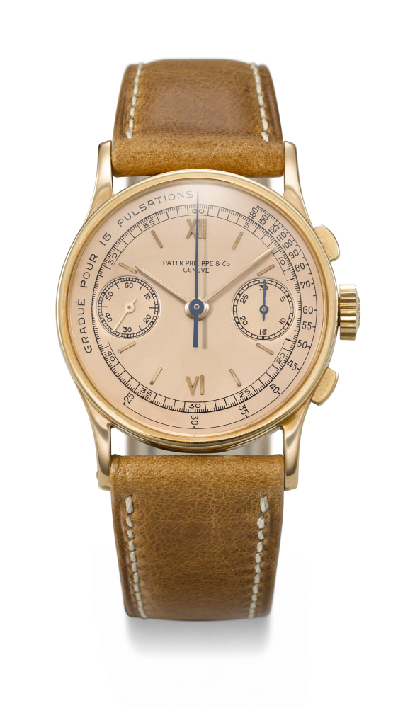 PATEK PHILIPPE. AN EXCEEDINGLY RARE AND CHARMING 18K PINK GOLD CHRONOGRAPH WRISTWATCH WITH ROSE DIAL FOR 15 PULSATIONS