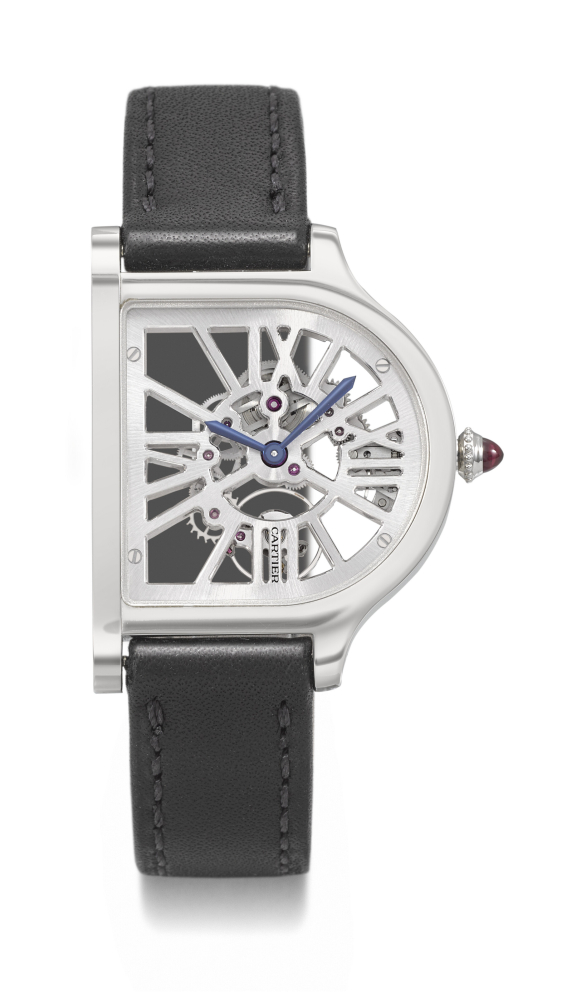 CARTIER. A VERY RARE AND UNUSUAL PLATINUM LIMITED EDITION SKELETONIZED WRISTWATCH