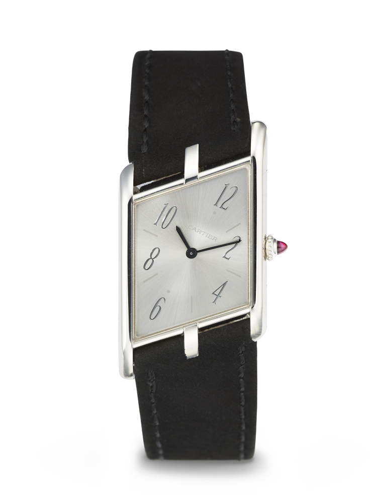 CARTIER. A RARE AND UNUSUAL PLATINUM LIMITED EDITION ASYMMETRICAL WRISTWATCH