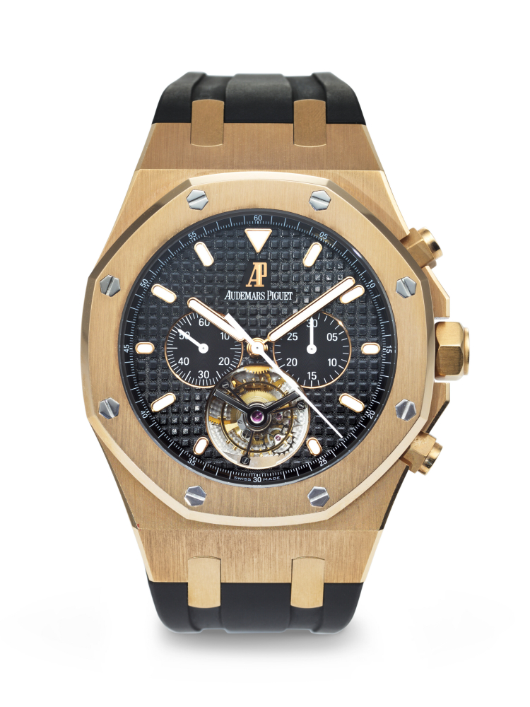 AUDEMARS PIGUET. A RARE AND LARGE 18K PINK GOLD TOURBILLON CHRONOGRAPH WRISTWATCH
