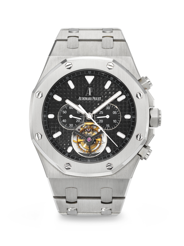 AUDEMARS PIGUET. A RARE AND IMPRESSIVE STAINLESS STEEL TOURBILLON CHRONOGRAPH WRISTWATCH WITH BRACELET