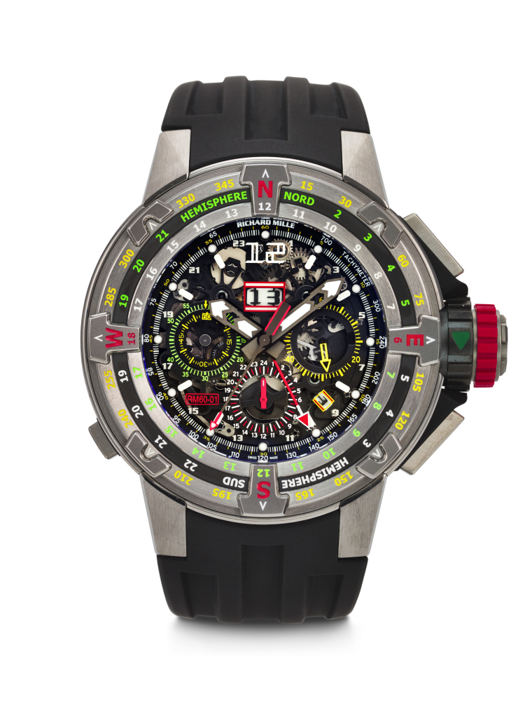 RICHARD MILLE. A VERY RARE, LARGE AND IMPRESSIVE ANNUAL CALENDAR DUAL TIME FLYBACK CHRONOGRAPH WRISTWATCH WITH OUTSIZED DATE AND COUNTDOWN REGATTA TIMER