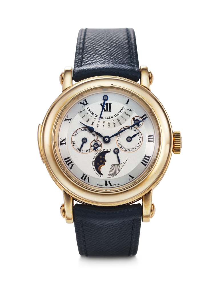 FRANCK MULLER. A VERY RARE AND IMPRESSIVE 18K GOLD MINUTE REPEATING PERPETUAL CALENDAR TOURBILLON WRISTWATCH WITH EQUATION OF TIME, MOON PHASES, RETROGRADE MONTH, POWER RESERVE, 24-HOURS AND LEAP YEAR INDICATION