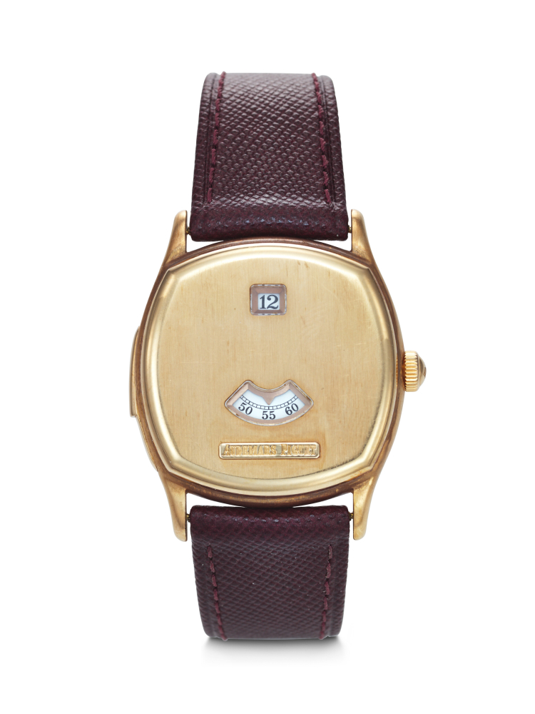 AUDEMARS PIGUET. AN EXTREMELY RARE AND UNUSUAL 18K PINK GOLD LIMITED EDITION CUSHION-SHAPED MINUTE REPEATING JUMP HOUR WRISTWATCH