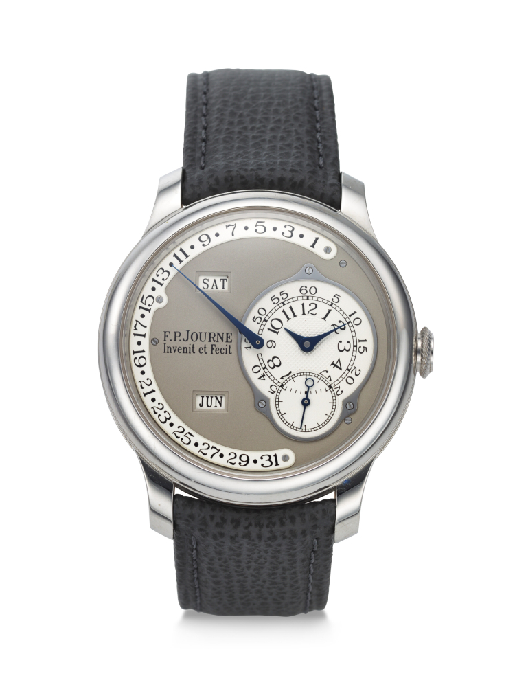 F. P. JOURNE. A HIGHLY RARE AND COVETED PLATINUM AUTOMATIC ANNUAL CALENDAR WRISTWATCH WITH RETROGRADE DATE