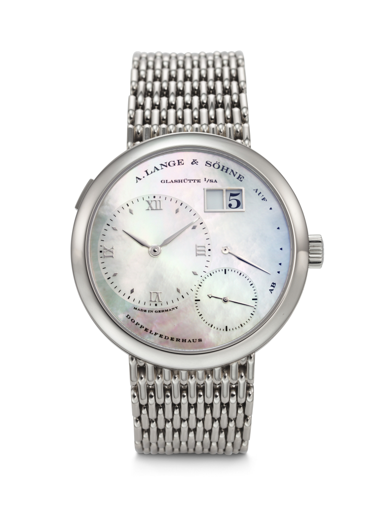A. LANGE & SÖHNE. A VERY RARE AND HIGHLY ATTRACTIVE 18K WHITE GOLD WRISTWATCH WITH OUTSIZED DATE, POWER RESERVE, MOTHER OF PEARL DIAL AND BRACELET