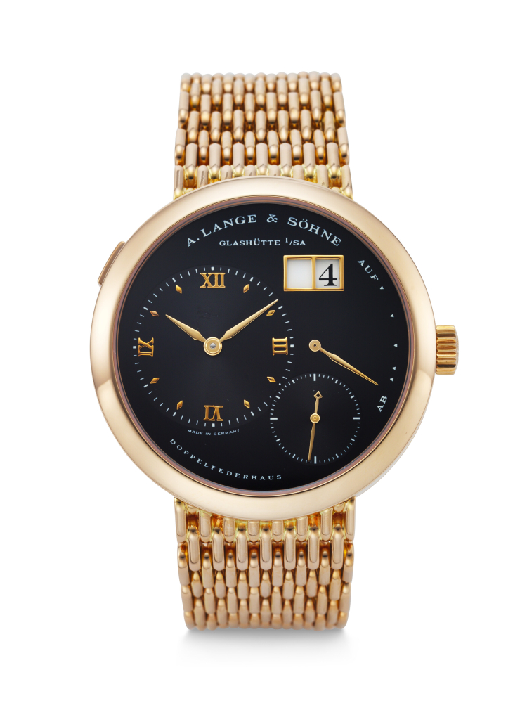 A. LANGE & SÖHNE. A VERY RARE AND HIGHLY ATTRACTIVE 18K PINK GOLD WRISTWATCH WITH OUTSIZED DATE, POWER RESERVE AND BRACELET