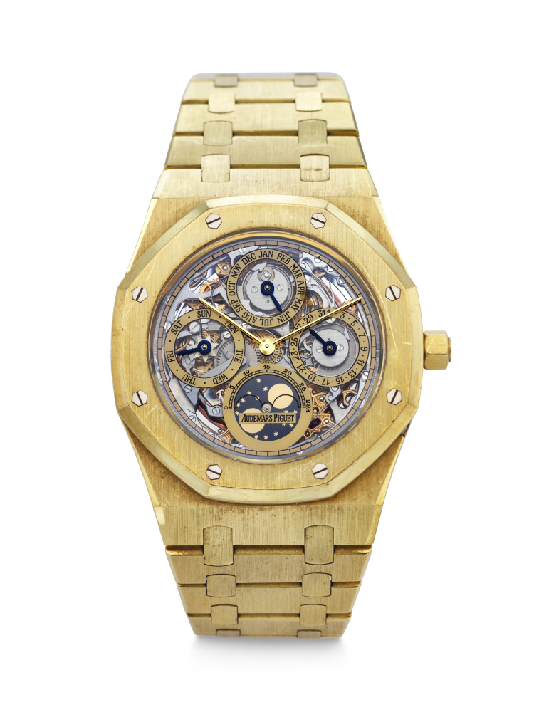 AUDEMARS PIGUET. A VERY RARE AND IMPRESSIVE 18K GOLD AUTOMATIC SKELETONIZED PERPETUAL CALENDAR WRISTWATCH WITH MOON PHASES AND BRACELET