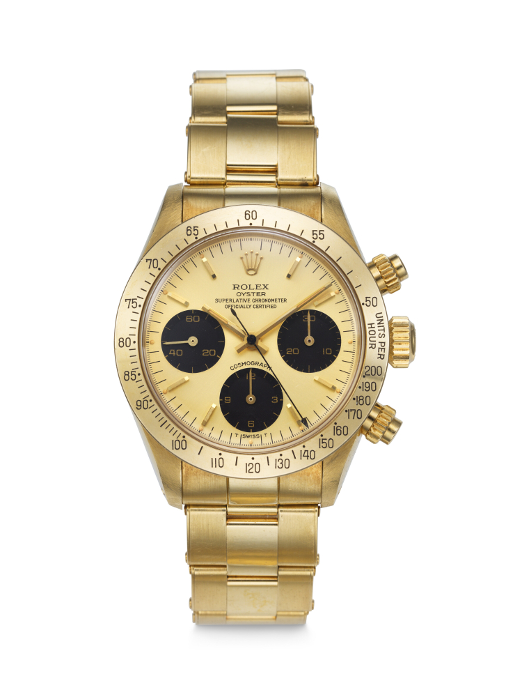 ROLEX. A SUPREMELY WELL-PRESERVED AND HIGHLY ATTRACTIVE 18K GOLD CHRONOGRAPH WRISTWATCH WITH BRACELET