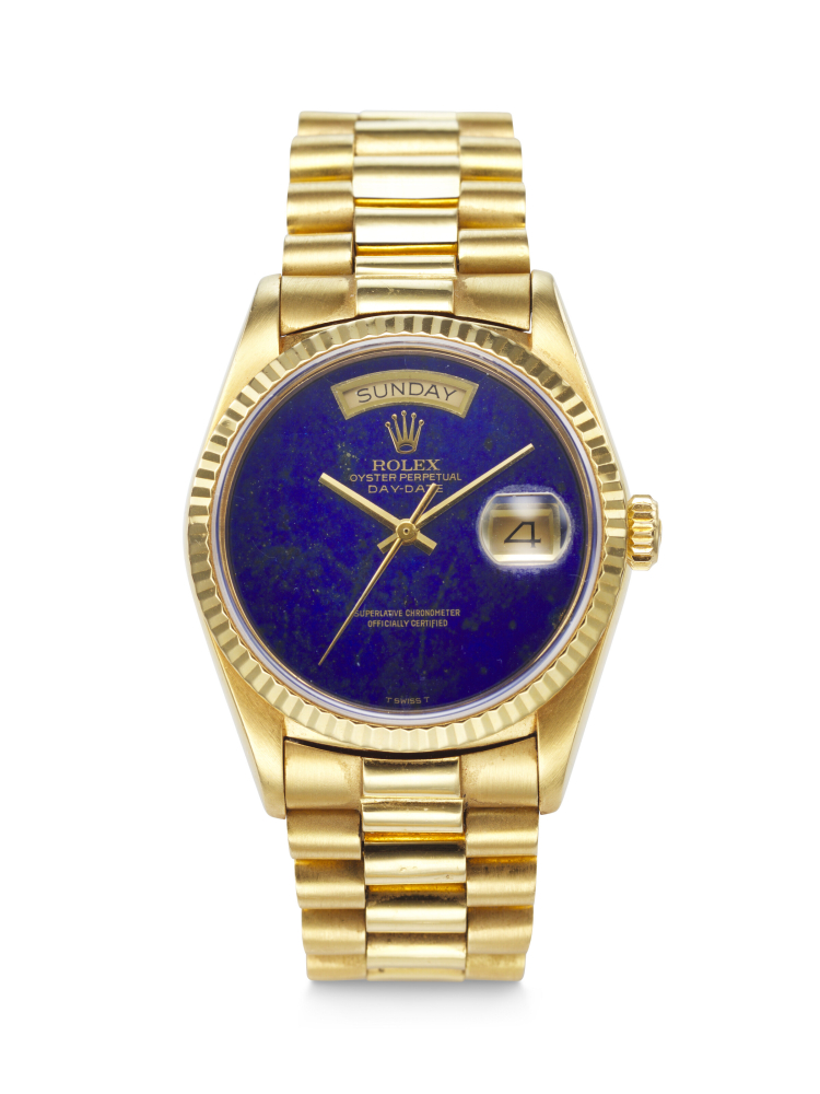ROLEX. A RARE AND ATTRACTIVE 18K GOLD AUTOMATIC WRISTWATCH WITH SWEEP CENTRE SECONDS, DAY, DATE, LAPIS LAZULI DIAL AND BRACELET