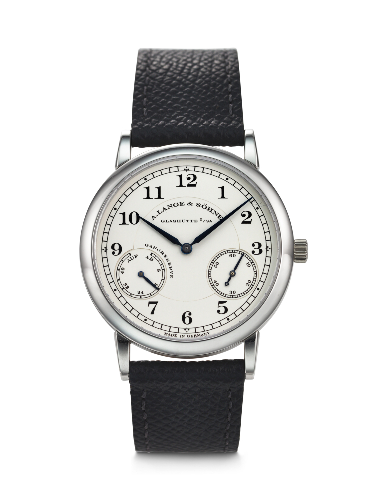 A. LANGE & SÖHNE. AN ATTRACTIVE PLATINUM WRISTWATCH WITH POWER RESERVE INDICATION