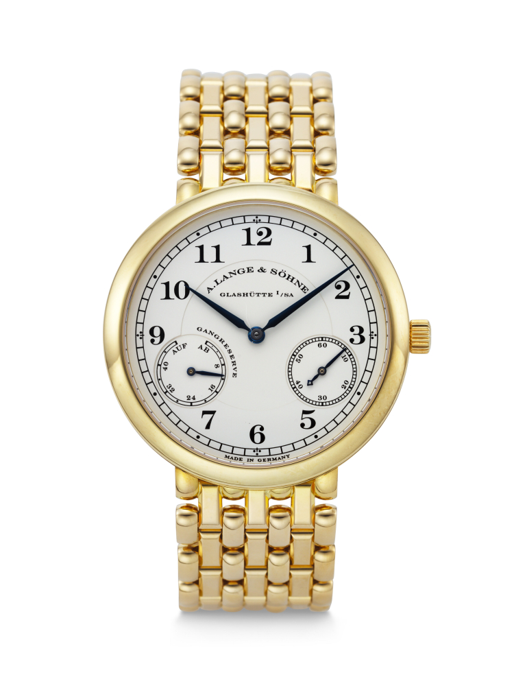 A. LANGE & SÖHNE. A VERY RARE AND ELEGANT 18K GOLD WRISTWATCH WITH POWER RESERVE AND BRACELET