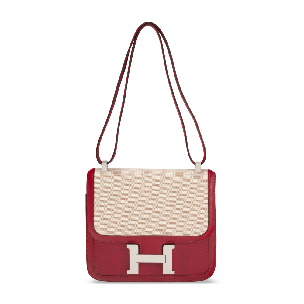 A LIMITED EDITION ROUGE PIMENT SWIFT LEATHER & TOILE H BERLINE CONSTANCE 24 WITH PALLADIUM HARDWARE