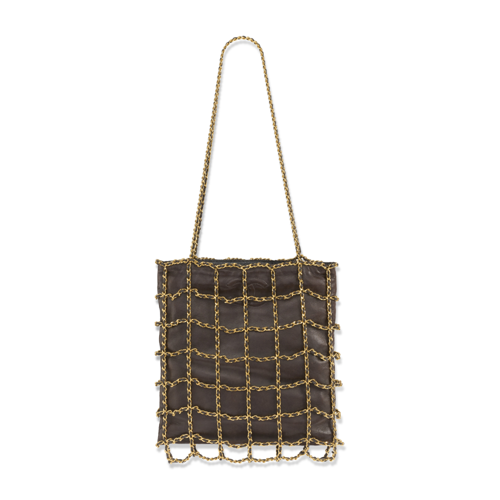 A RARE, BROWN & BLACK LAMBSKIN LEATHER CHAIN CAGE CC SHOPPING TOTE WITH GOLD HARDWARE