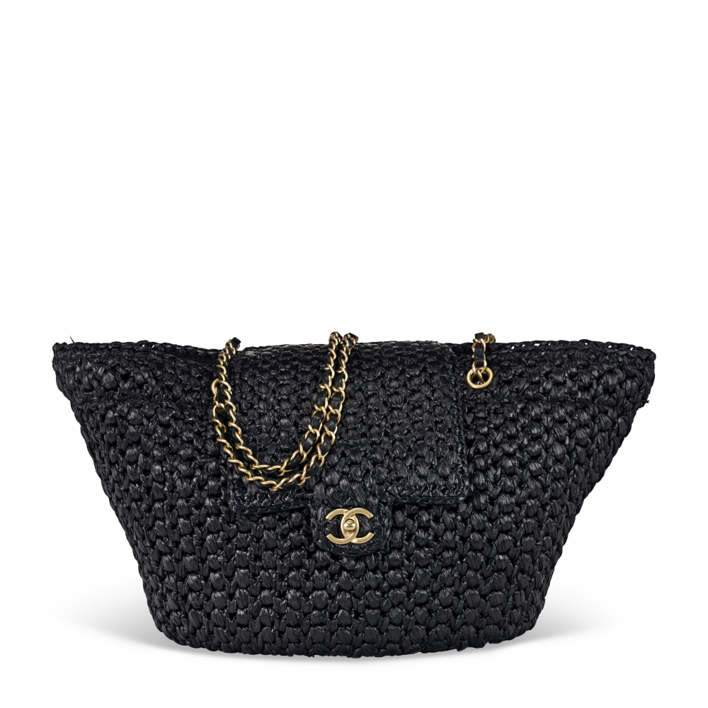 A BLACK RAFFIA EFFECT BRAIDED TWEED SHOPPING TOTE WITH GOLD HARDWARE