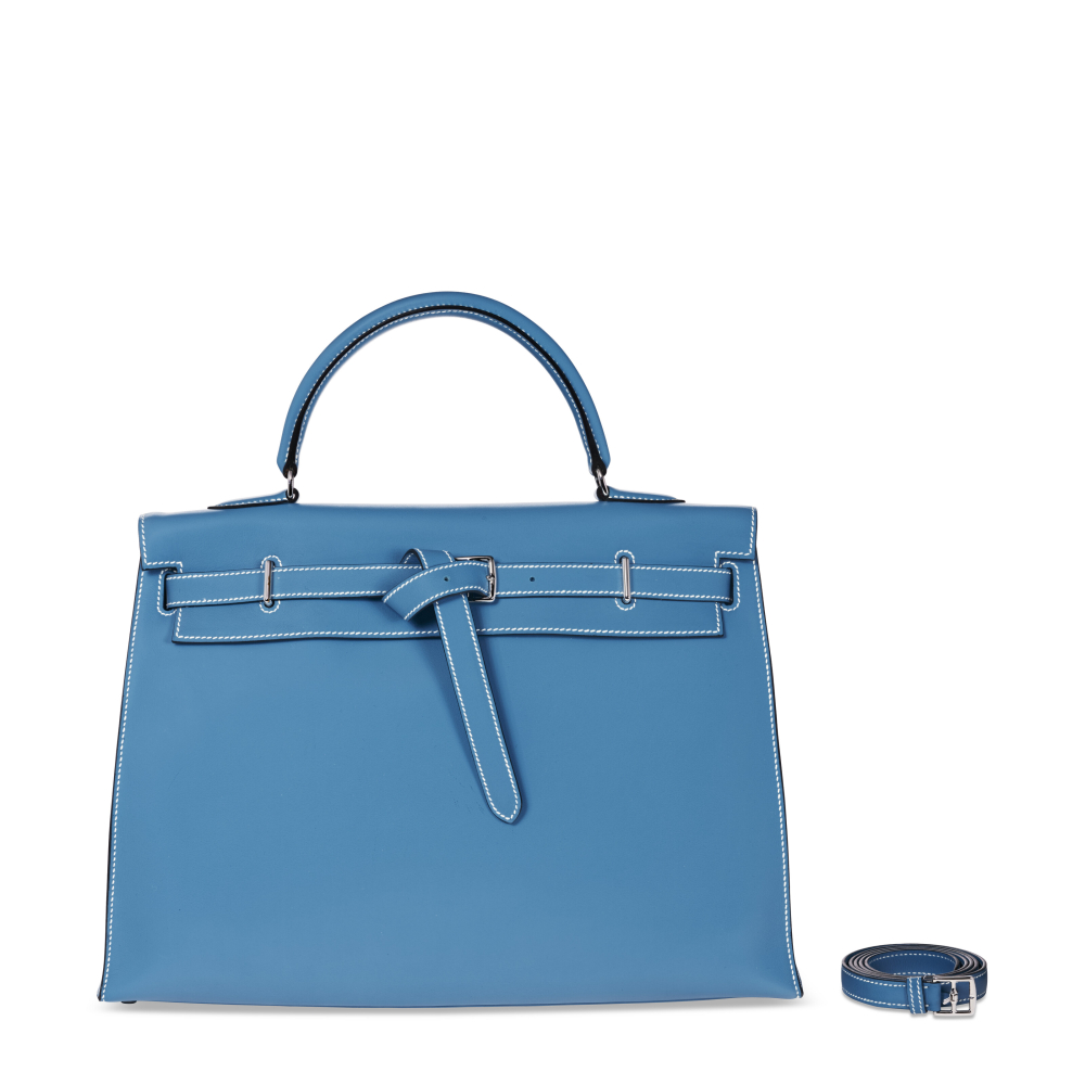 A BLEU JEAN SWIFT LEATHER KELLY FLAT 35 WITH PALLADIUM HARDWARE