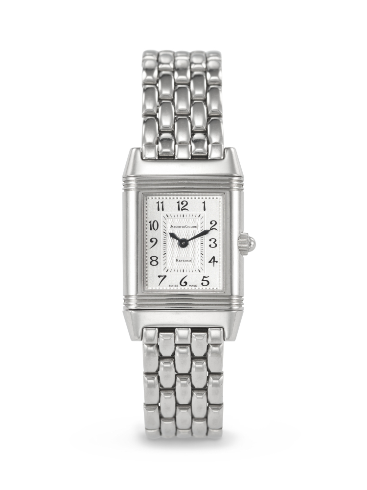 JAEGER-LECOULTRE, STAINLESS STEEL AND DIAMOND-SET 'REVERSO DUETTO', WITH MOTHER OF PEARL DIAL, REF. 266.8.44