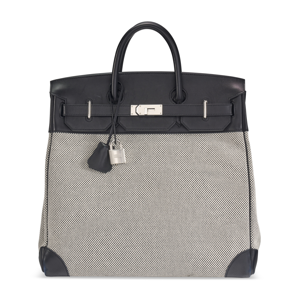 A BLACK EVERGRAIN LEATHER & TOILE GM HAC BIRKIN 40 WITH PALLADIUM HARDWARE