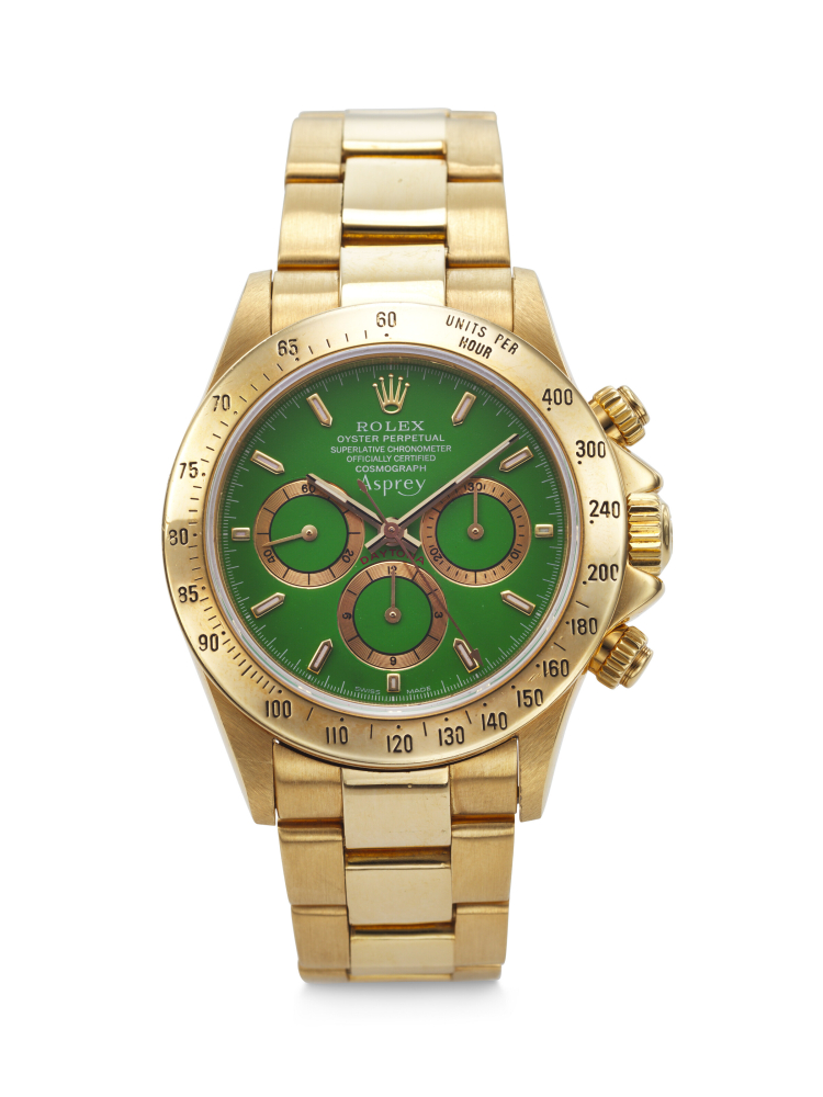 ASPREY, HIGHLY ATTRACTIVE AND UNIQUE YELLOW GOLD 'DAYTONA' WITH GREEN DIAL, REF. 16528