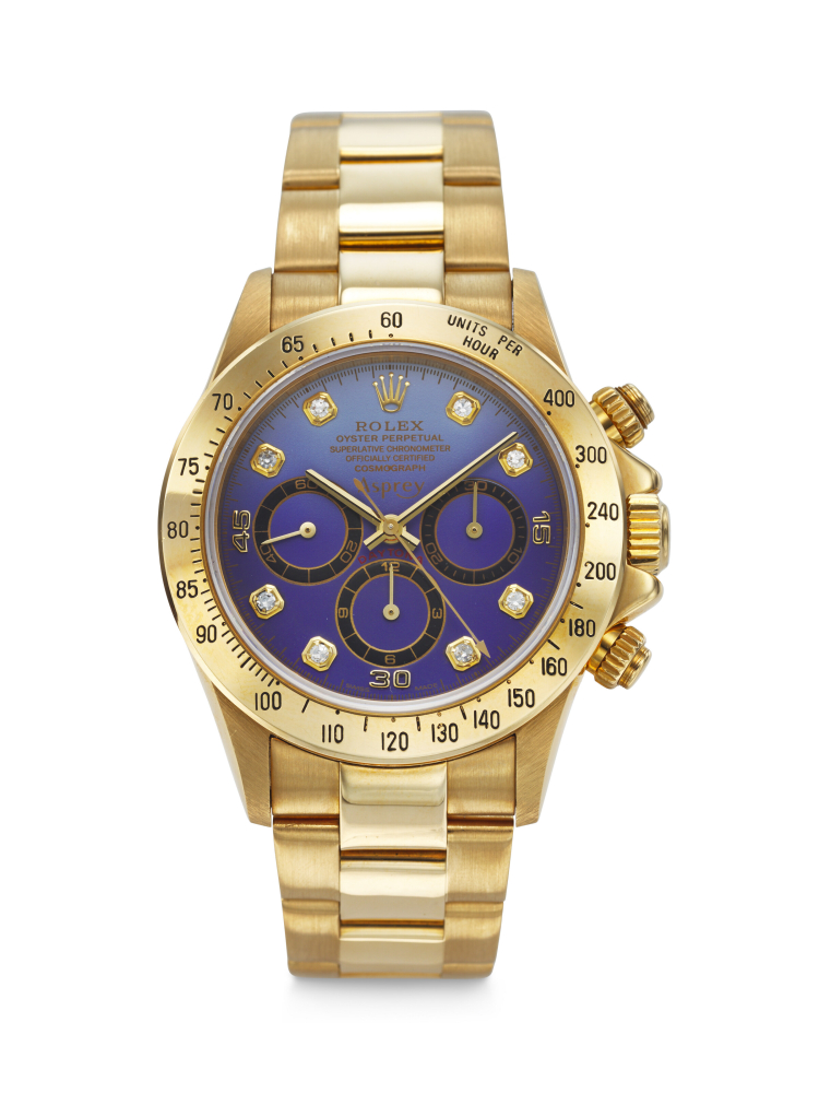 APREY, HIGHLY ATTRACTIVE AND UNIQUE YELLOW GOLD 'DAYTONA' WITH PURPLE OMBRÉ AND DIAMOND-SET DIAL, REF. 16523
