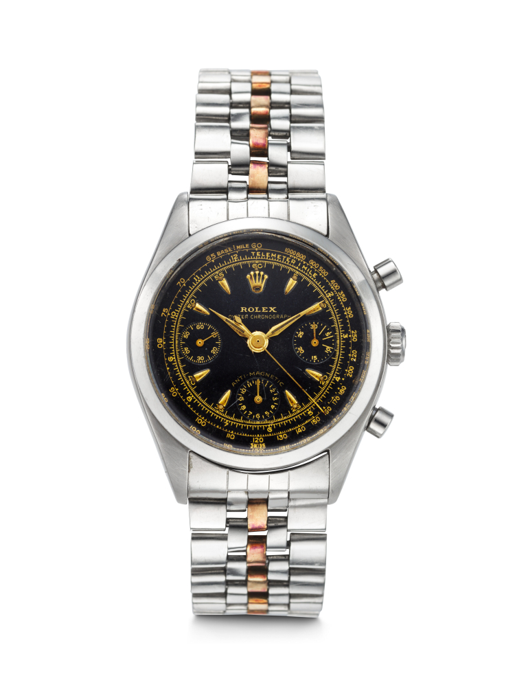 ROLEX, VERY RARE STAINLESS STEEL CHRONOGRAPH 'PRE-DAYTONA' WITH BLACK GILT DIAL, REF. 6234