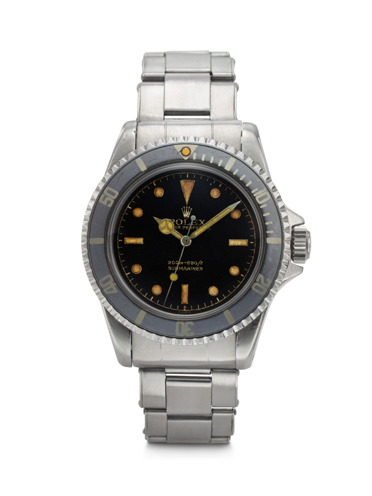ROLEX, STAINLESS STEEL 'SUBMARINER' WITH GILT 'EXCLAMATION' DIAL, AND POINTED CROWN GUARDS, REF. 5512