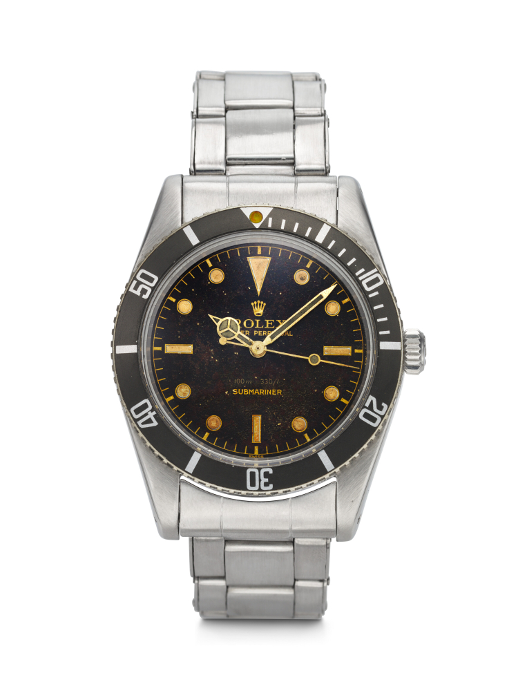 ROLEX, VERY EARLY AND DESIRABLE STAINLESS STEEL 'SUBMARINER SMALL CROWN' WITH TROPICAL DIAL, REF. 6536/1