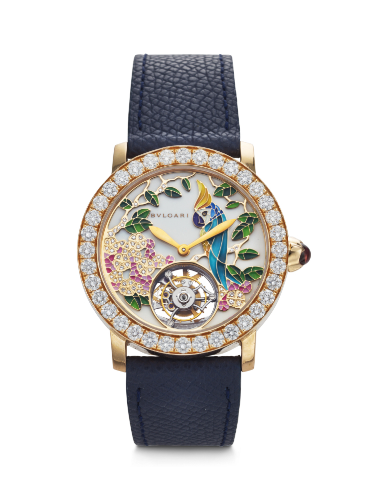 BVLGARI, LIMITED EDITION PINK GOLD AND DIAMOND-SET TOURBILLON 'BVLGARI BVLGARI LADY IL GIARDINO TROPICALE' WITH ENAMEL DIAL, REF. BB P 37 G TB