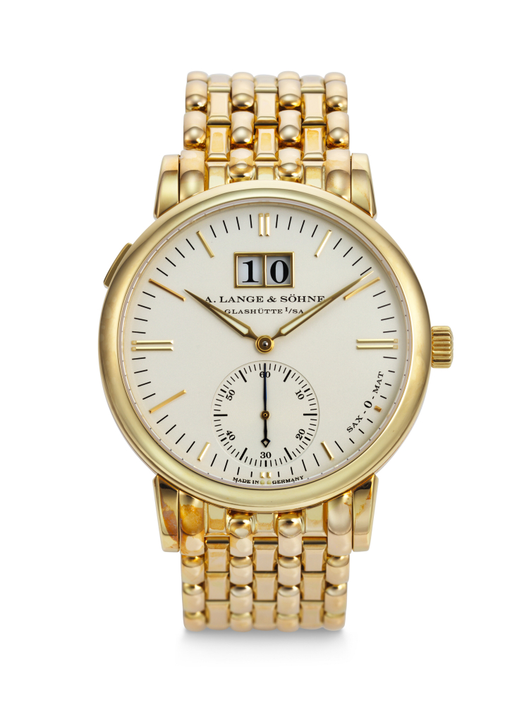 A. LANGE & SÖHNE, VERY RARE YELLOW GOLD 'SAXONIA LANGEMATIC' WITH ZERO-RESET SECONDS AND INTEGRATED BRACELET, REF. 358.021