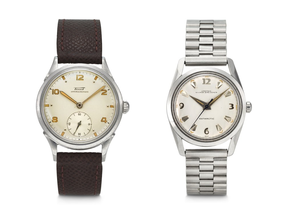 TISSOT AND CROTON NIVADA GRENCHEN, PAIR OF STAINLESS STEEL 'TIME ONLY' WRISTWATCHES