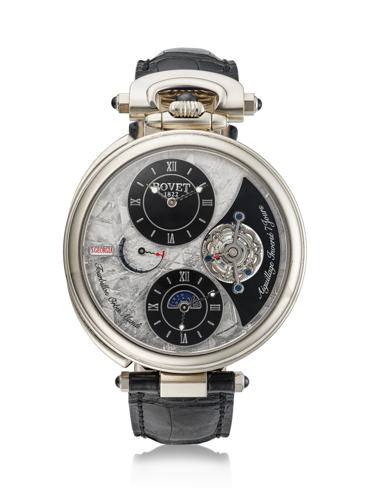 BOVET, RARE LIMITED EDITION WHITE GOLD DUAL TIME TOURBILLION CONVERTIBLE 'AMADEO FLEURIER 46, TOURBILLON ORBIS MUNDI', WITH METEORITE DIAL, REF. AIOM004-01