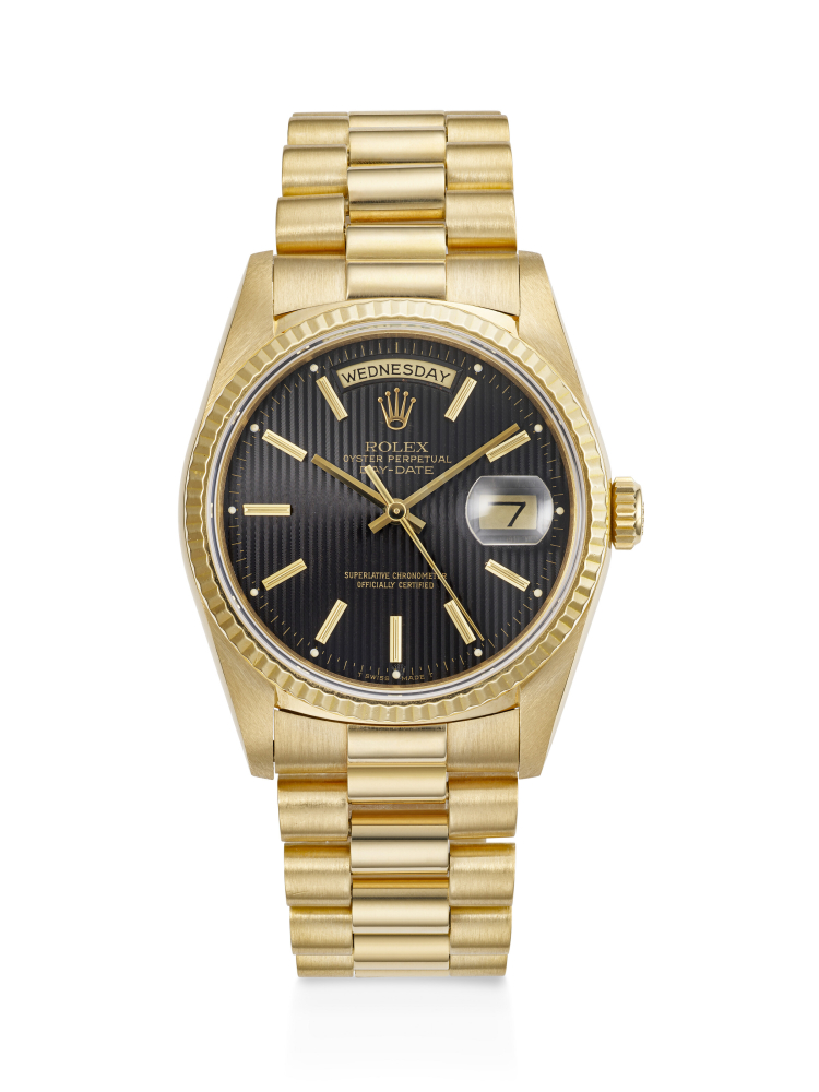 ROLEX, YELLOW GOLD 'DAY-DATE', WITH BLACK TAPESTRY DIAL, REF. 18238