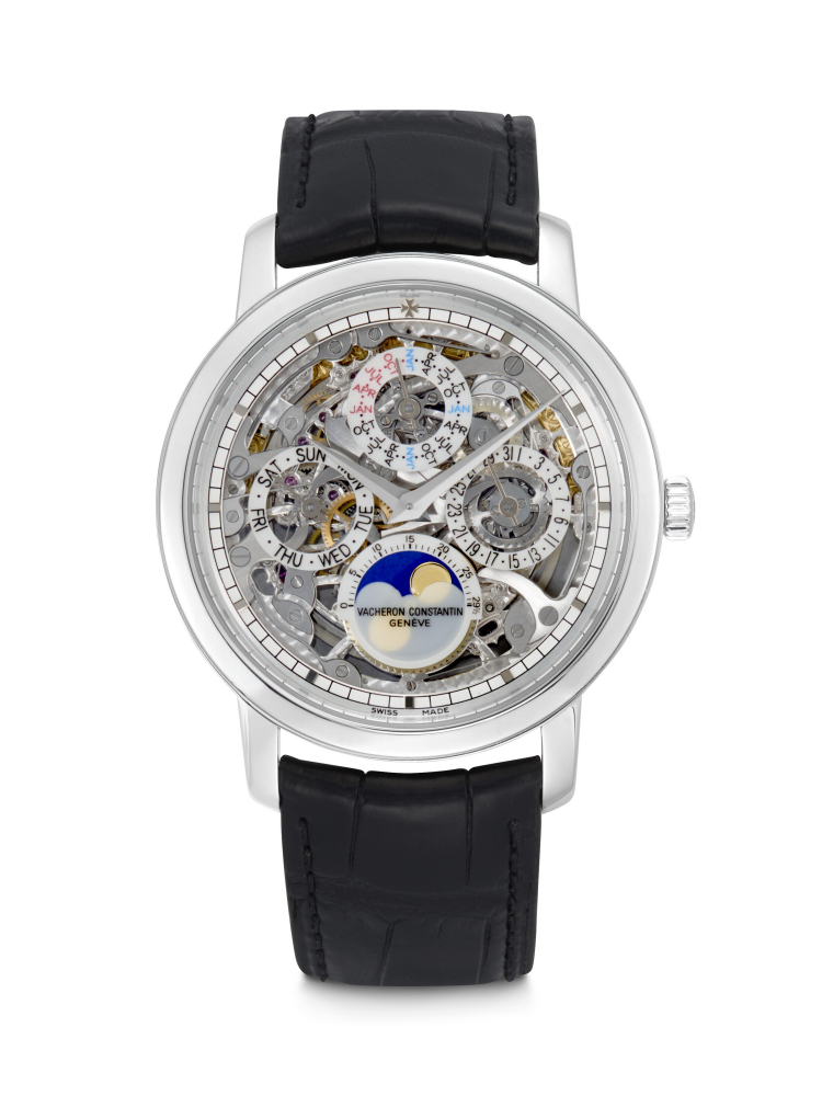 VACHERON CONSTANTIN. A PLATINUM AUTOMATIC SKELETONISED PERPETUAL CALENDAR WRISTWATCH WITH LEAP YEAR INDICATION AND MOON PHASES