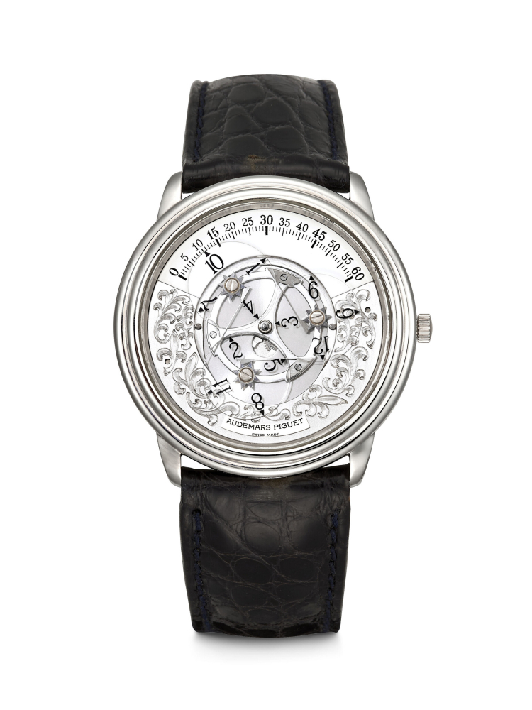 AUDEMARS PIGUET. A PLATINUM SEMI-SKELETONISED AUTOMATIC WRISTWATCH WITH WANDERING HOURS