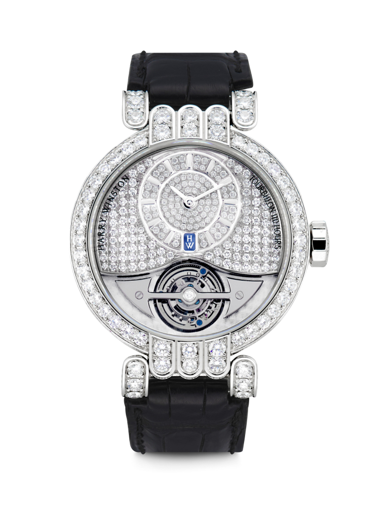 HARRY WINSTON. A VERY RARE AND ATTRACTIVE PLATINUM, DIAMOND-SET AND SEMI-SKELETONISED LIMITED EDITION TOURBILLON WRISTWATCH WITH 110 HOURS POWER RESERVE 